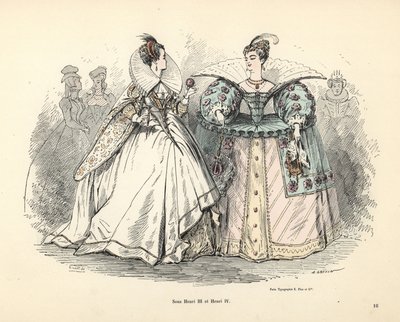 Kral Henry III ve IV döneminde kadın kostümlerinin karikatürü by Alfred Grevin