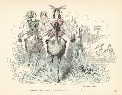 Devekuşlarına ve kuğulara binen hayvan derili ve tüylü kadınlar. by Alfred Grevin