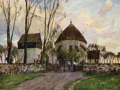 Danimarka: Bornholm, Osterlars Kilisesi (renkli taş) by Alfred Heaton Cooper