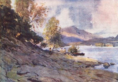 Göller Bölgesi: Derwentwater Kıyılarında (renkli taş baskı) by Alfred Heaton Cooper