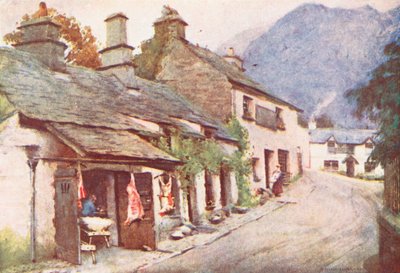 Göller Bölgesi: Coniston Köyü, Eski Kasap Dükkanı (renkli lito) by Alfred Heaton Cooper