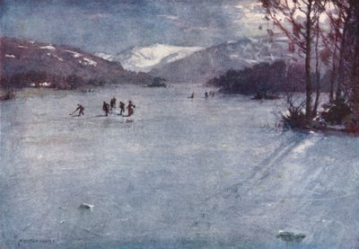 Göller Bölgesi: Feribot Yakınları, Windermere, Ay Işığında Paten (renkli taş baskı) by Alfred Heaton Cooper