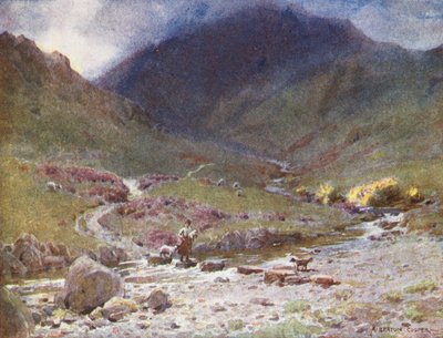 Göller Bölgesi: Stepping-stones, Far Easedale, Grasmere (renkli lito) by Alfred Heaton Cooper