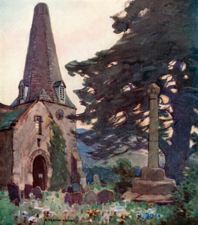 Porlock Kilisesi ve Haç (renkli taş) by Alfred Heaton Cooper