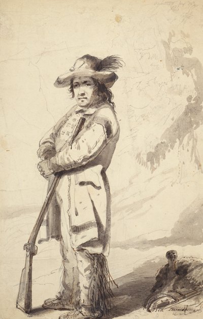 A Rocky Mountain Trapper, Bill Burrow, c.1837 (kalem, tükenmez kalem ve mürekkep ve kağıt üzerinde yıkama) by Alfred Jacob Miller
