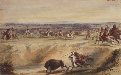 A Surround veya Buffalo Avı, c.1839 (kalem, tükenmez kalem ve mürekkep, kağıt üzerine suluboya ve guaj boya) by Alfred Jacob Miller