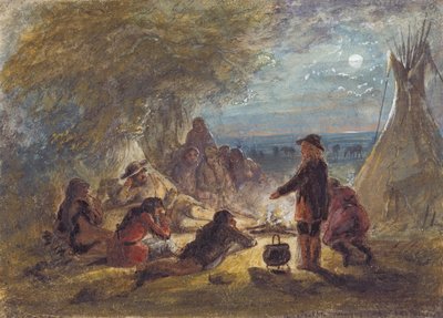 Gece Kamp Ateşi; Bir Maceraya İlişkin Tuzak, c.1858 (kalem, tükenmez kalem ve mürekkep, kağıt üzerine suluboya ve guaj boya) by Alfred Jacob Miller