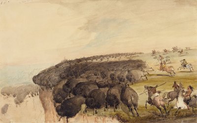 Bufalo Sürülerini Bir Uçurumun Üzerinden Sürmek, 1837 dolayları (kalem, tükenmez kalem ve mürekkep ve kağıt üzerine sulu boya) by Alfred Jacob Miller