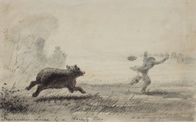 Fontenelle Bir Boz Ayı Tarafından Kovalandı, 1837 dolayları (kalem, mürekkep ve kağıt üzerinde yıkama) by Alfred Jacob Miller