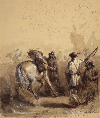 Sir W.D.S., Antoine ve Auguste veya Bir Buffalo Hunt için Hazırlık, c.1837 (kalem ve mürekkep, kağıt üzerinde yıkama ve guaj boya) by Alfred Jacob Miller
