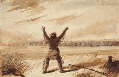Bir Bufalo Sürüsü Tarafından Dinlenme Halinde Rahatsız Edilen Tuzakçı, 1837 dolayları (kalem, tükenmez kalem ve mürekkep ve kağıt üzerinde yıkama) by Alfred Jacob Miller
