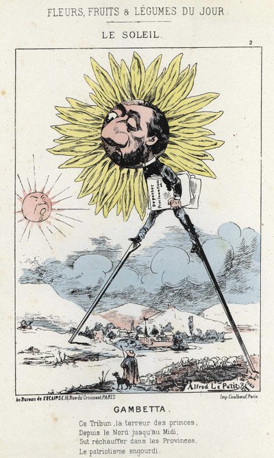 Le Soleil (ayçiçeği): Gambetta (1838 - 1882) üzerine karikatür - hasta. 12/01/1871 tarihinden itibaren “Günün Çiçekleri, Meyveleri ve Sebzeleri” by Alfred Le Petit