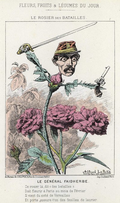 Rosier des Batailles: General Faidherbe hakkında karikatür - hasta. 20/01/1871 tarihinden itibaren “Günün Çiçekleri, Meyveleri ve Sebzeleri” by Alfred Le Petit