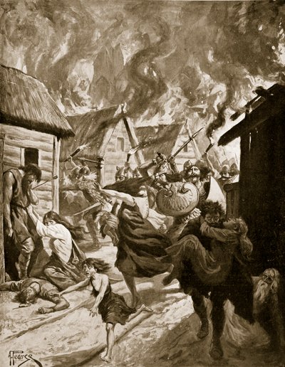 Canterbury Danimarkalılar Tarafından Yakıldı, MS 851, 'Hutchinson's Story of the British Nation'dan bir çizim, c.1920 (lito) by Alfred Pearse