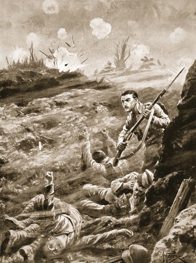 Er E. Warner, bir gaz saldırısının ardından boşaltılan bir hendeği tek başına tutuyor by Alfred Pearse