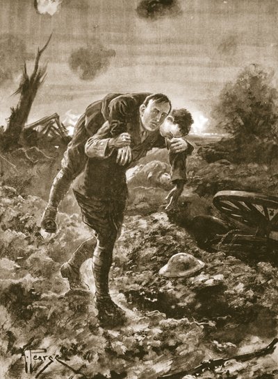 Geçici Teğmen G. St. G. S. Cather, yaralı bir adamı düşmanın tam görüş alanında ve makineli tüfek ve topçu ateşi altında getiriyor. by Alfred Pearse