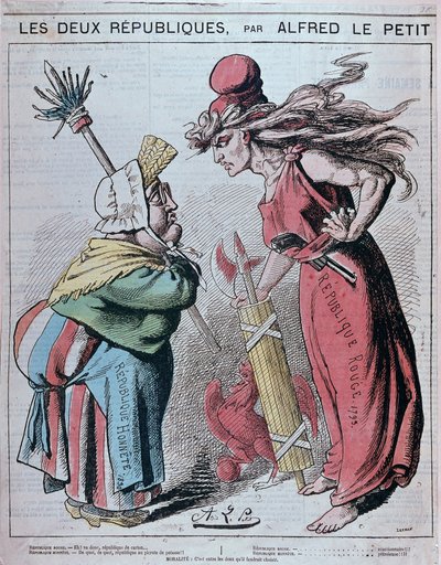 İki Cumhuriyet üzerine karikatür, “” Honnete Cumhuriyeti (1830) ve Kızıl Cumhuriyet (1793)”, Alfred Le Petitty tarafından “” Le Grelot””” 1872 by Alfred Petit
