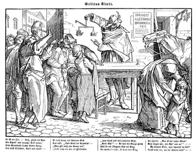 Totentanz 1848: Ölüm, tüm insanların eşit olduğunu kanıtlıyor by Alfred Rethel