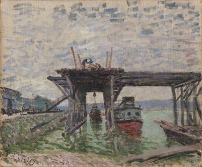 Almanca: Köprü yapım aşamasında Nehir Tekne Garajı by Alfred Sisley