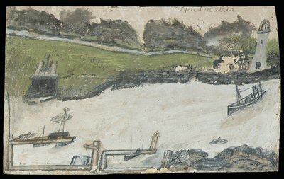 Kale ve deniz feneri ile liman sahnesi (kart üzerinde kalem ve yağ) by Alfred Wallis