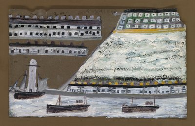 Gemiler ve deniz feneri, evler (kalem ve kağıt üzerine yağlı boya) by Alfred Wallis