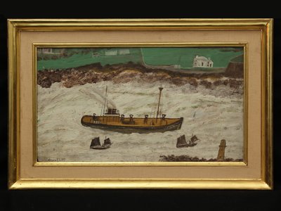 Deniz Feneri ile Sahil Arasında Üç Tekne, 1930 dolayları (kart üzeri yağlı boya) by Alfred Wallis