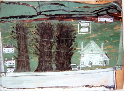 Üç Ağaç, Manzarada Beyaz Saray (karton üzerine yağlı boya) by Alfred Wallis