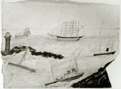 Üç yelkenli gemi, iki buharlı gemi ve Godrevy Deniz Feneri, c.1935-38 (kart üzerinde yağ ve kurşun kalem) by Alfred Wallis