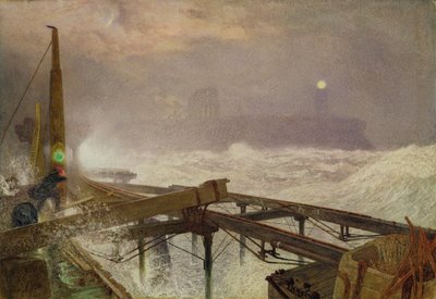 Blue Lights, Teignmouth İskelesi - Gün Batımında Lambaları Aydınlatmak, 1868 (wc, gövde rengi ve kağıt üzerinde karalama) by Alfred William Hunt