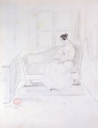 George Sand (1804-76), pencerenin yanındaki kanepede kitap okuyor, 1833 by Alfred de Musset