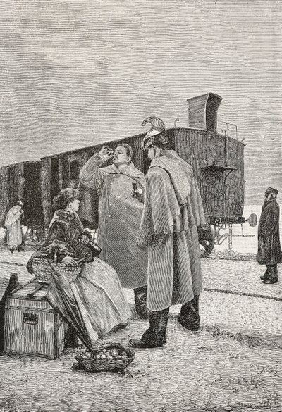 Five Minutes Stop, trende durup yemek yemeyi bırakan iki adam, L'Illustrazione Italiana'dan Alfredo Luxoro'nun (1859-1918) bir tablosundan gravür, yıl 12, sayı 43, 25 Ekim by Alfredo Luxoro