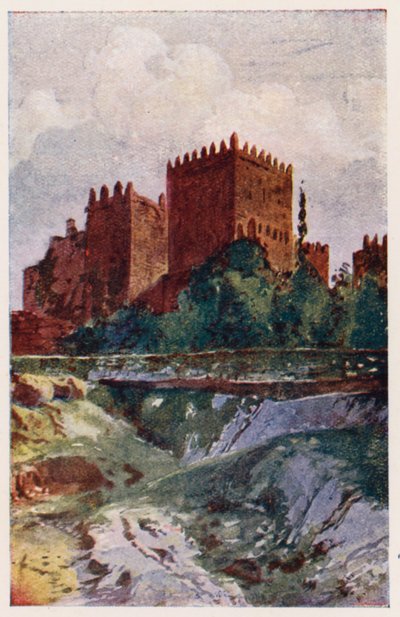 Guimaraes Kalesi, Portekiz (renkli lito) by Alfredo Roque Gameiro