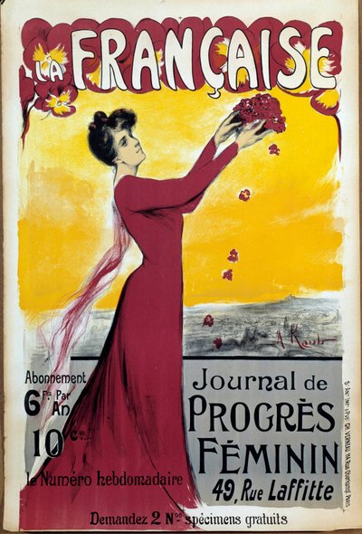 Kadınların ilerlemesinin dergisi “La francaise” posteri. Abonelik için arayın. Alice Kub-Casalonga