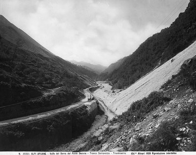 View of Valle del Serra from Desiata Bridge with the marble quarries along the road section Seravezza-Trambiserra in the Apuane Alps (b/w photo) by Fratelli Alinari