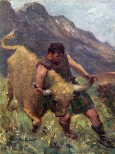 Onunla güreşirken, boynuzlarından biri Ellerinde çıktı (renkli lito) by Allan (after) Stewart