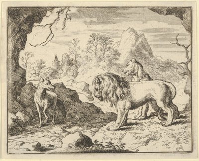 Renard Aslanı ve Dişi Aslanı Babasının Kendilerinden Çaldığı Bir Hazine Bulmaya İkna Ediyor ..., 1650-75. by Allart van Everdingen
