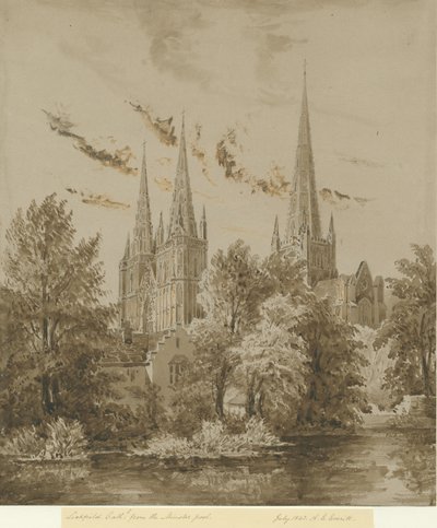 Lichfield Katedrali - Güney Batı Görünümü: sepya çizimi, Temmuz 1842 by Allen Edward Everitt