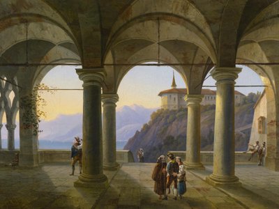 Figürlü personel ve dağ gölü manzaralı sütun terası by Alois Gustav Schulz