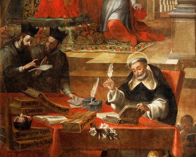 St Raymond Konseyi yazarken iki Cizvit konuşuyor, ayrıntı Alonso Antonio Villamor (1661-1729) tarafından Papa Gregory IX