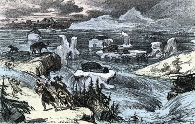 tarih öncesi; Buz Devri'nin sonunda Orta Avrupa'da sel baskını Rengade 1881 Özel Koleksiyonu “” Nature and Man”den gravür by Alphonse Demarle