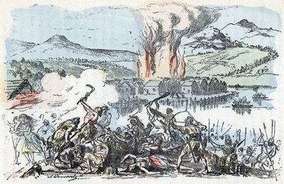 Prehistorya: demir çağının başındaki savaş sahnesi, ayaklı ev (uzun ayaklı ev) yerleşim yerlerinin yangını Rengade'nin "" La nature et l'homme"" adlı eserinden gravür 1881 Özel koleksiyon by Alphonse Demarle