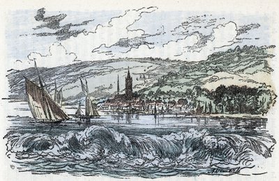 Seine Maritime, Normandiya'daki Caudebec-en-Caux'ta (Caudebec en Caux) Seine'nin gelgit deliğinin görünümü (Seine nehrinin Caudebec en Caux'daki gelgit deliği, Normandiya) "" La nature et l'homme'den gravür ”” Rengade 1881 by Alphonse Demarle