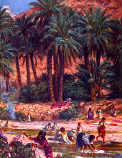 Bir grup Arap Göçebe kadın çöldeki bir vahada çamaşır yıkıyor. Nasreddine Dinet (Alphonse-Étienne Dinet) tarafından. 1861 – 1929. Fransız oryantalist ressam 1918 by Alphonse Etienne Dinet