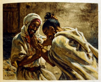 Arap yaşamının 'Serap' Sahnelerinden Dinet'in illüstrasyonu. 1906. Seraplar, Scénes De La Vie Arab, Etienne Dinet tarafından, Silman Ben Ibrahim Bamer'in yorumuyla resimlendi. Nasreddine Dinet, Alphonse-Étienne Dinet olarak doğdu; (1861-192 by Alphonse Etienne Dinet