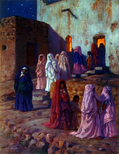 'Mevlid'i (Peygamberin Doğumu) kutlayan Müslüman Arap kadınları tasvir eden çizim. İslam peygamberi Muhammed'in doğum gününün kutlanması. Nasreddine Dinet (Alphonse-Étienne Dinet) tarafından. 1861 – 1929. Fransız oryantalist ressam. 1918. by Alphonse Etienne Dinet