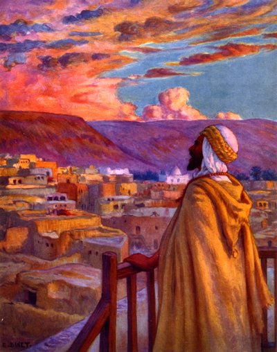 Çölde bir köyde müezzin müminleri namaza çağırıyor. Nasreddine Dinet (Alphonse-Étienne Dinet) tarafından. 1861 – 1929. Fransız oryantalist ressam 1918 by Alphonse Etienne Dinet