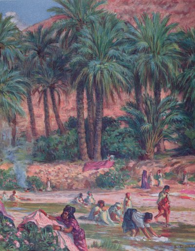 Palmiye ağaçları. Hurma ağacı Kuran'da Hz. Muhammed tarafından kutsanmıştır. Renkli litografi, 1918. by Alphonse Etienne Dinet