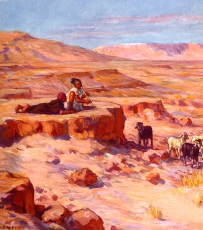 çölde keçileri izlerken flüt çalan iki Arap Göçebe çocuk. Nasreddine Dinet (Alphonse-Étienne Dinet) tarafından. 1861 – 1929. Fransız oryantalist ressam 1918 by Alphonse Etienne Dinet