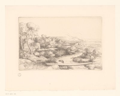 Bir nehir üzerinde tahta ile manzara la passerelle by Alphonse Legros (attributed to)