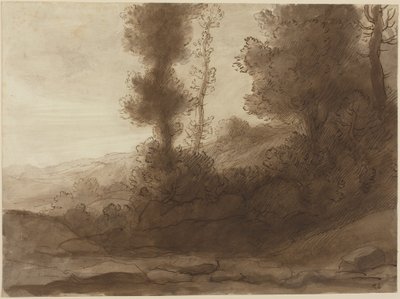Tepenin Dibinde (serilmiş kağıt üzerine kahverengi mürekkep ve kalem, kahverengi astar) by Alphonse Legros